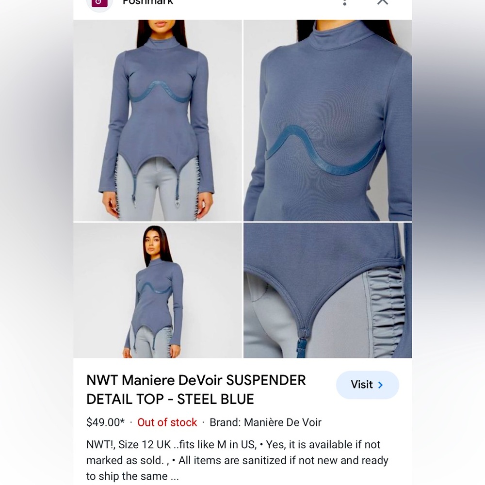 NWT Maniere DeVoir SUSPENDER DETAIL TOP - STEEL BLUE  uk 10 size 6 in US